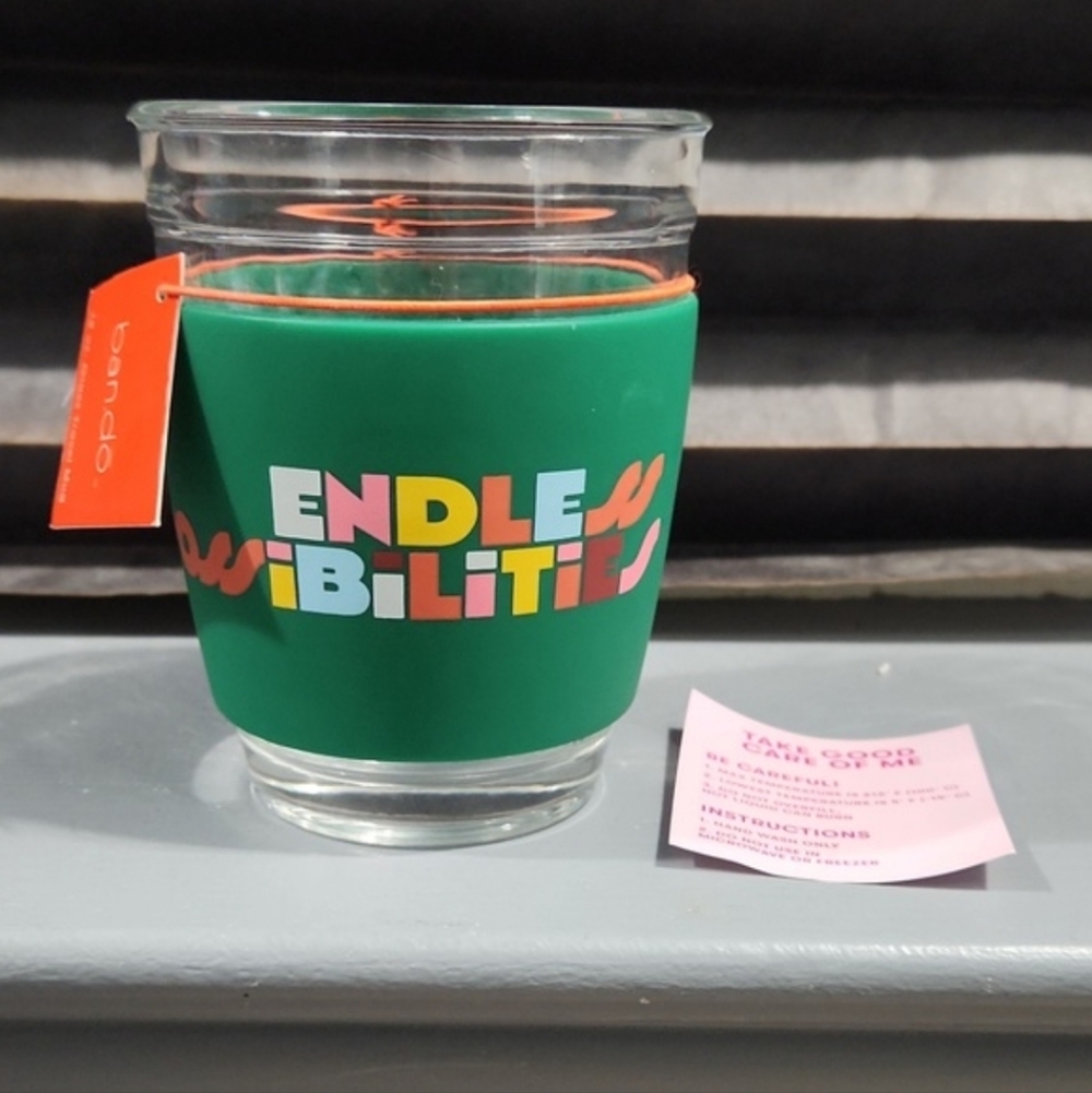 ban.dō 12 oz Glass Travel Mug Cup Endless Possibilities Green Pink Blue Yellow